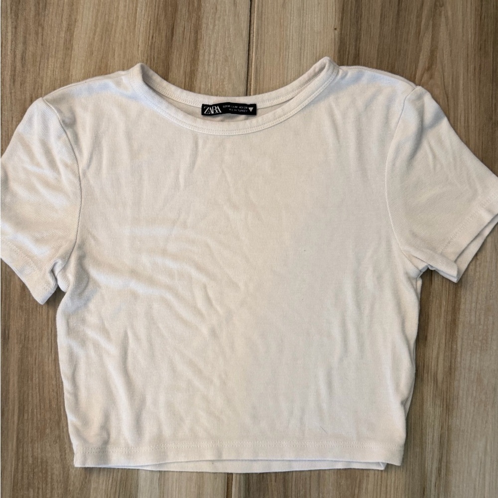 Zara Cream Short Sleeve Ribbed Crop Top